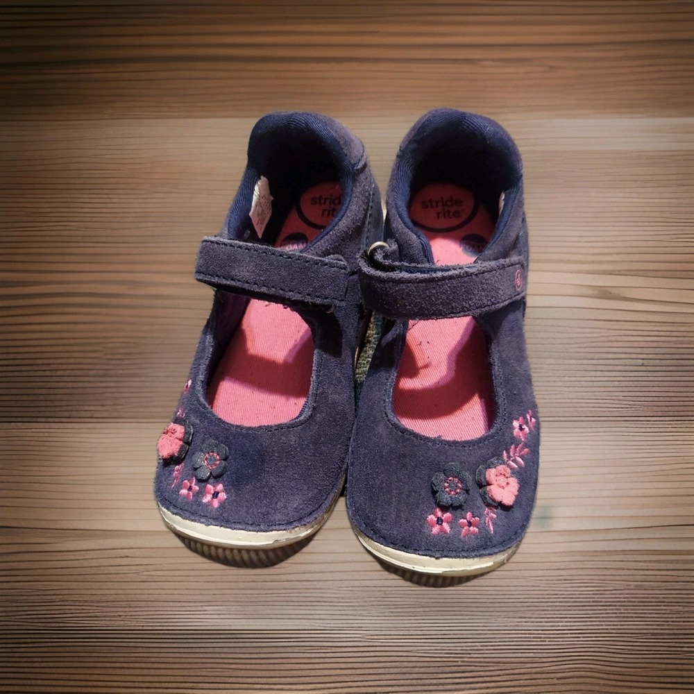 Stride Rite Girls Alise Floral Navy Blue/Pink Leather Mary Jane‎ Shoes Size 9M